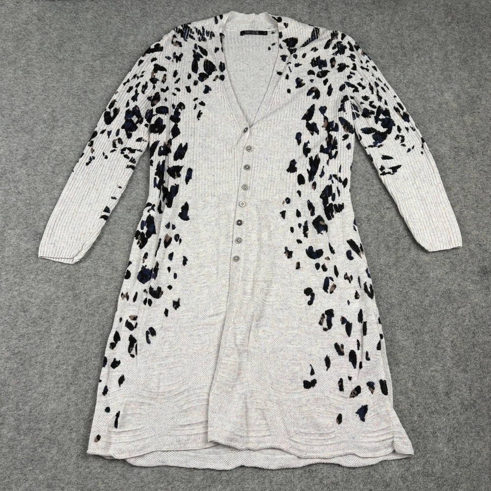 NIC+ZOE Cardigan Womens S Leopard Print Linen Blend Longline Button Front Knit